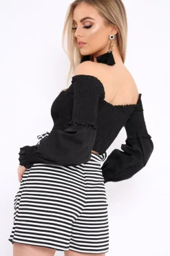 Rebellious Fashion Black Shirred Bardot Crop Top - Abisha