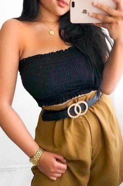 Rebellious Fashion Black Shirred Frill Bandeau Crop Top - Camren