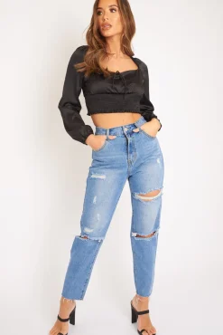 Rebellious Fashion Black Shirred Long Sleeve Strap Back Detail Crop Top -Traniyah