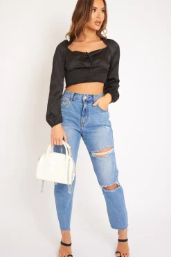 Rebellious Fashion Black Shirred Long Sleeve Strap Back Detail Crop Top -Traniyah