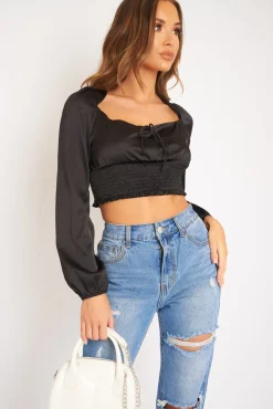 Rebellious Fashion Black Shirred Long Sleeve Strap Back Detail Crop Top -Traniyah