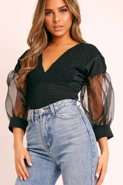 Rebellious Fashion Black Shirred Plunge Crop Top - Reina