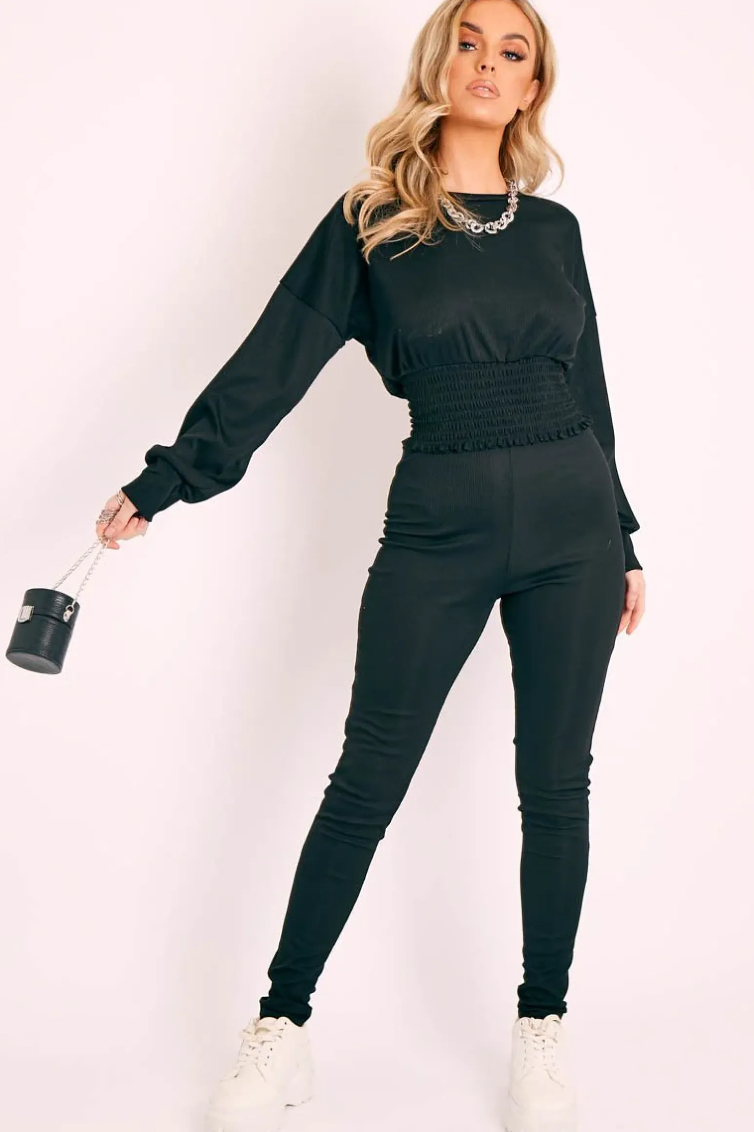 Rebellious Fashion Black Shirred Top and Leggings Loungewear Co-ord - Tynlie