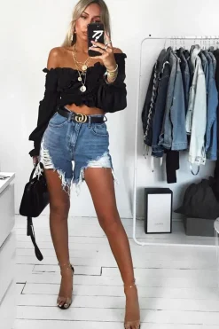 Rebellious Fashion Black Shirred Wrap Over Bardot Crop Top - Zuri