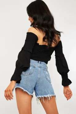 Rebellious Fashion Black Shirred Wrap Over Bardot Crop Top - Zuri