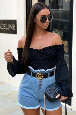 Rebellious Fashion Black Shirred Wrap Over Bardot Crop Top - Zuri