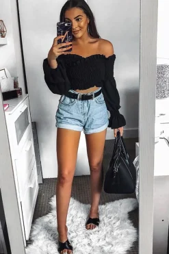 Rebellious Fashion Black Shirred Wrap Over Bardot Crop Top - Zuri