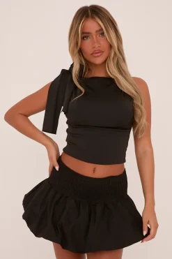 Rebellious Fashion Black Shirring Detail Puffball Mini skirt - Rylee