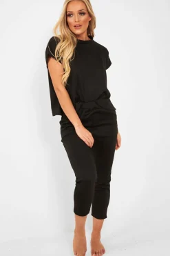 Rebellious Fashion Black Short Sleeve Crop Jogger Loungewear Set - Aarian