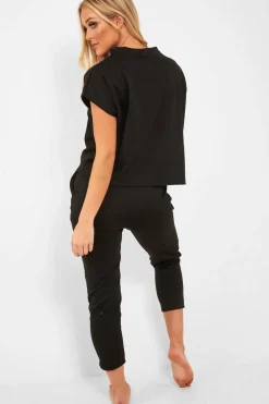 Rebellious Fashion Black Short Sleeve Crop Jogger Loungewear Set - Aarian