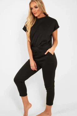 Rebellious Fashion Black Short Sleeve Crop Jogger Loungewear Set - Aarian