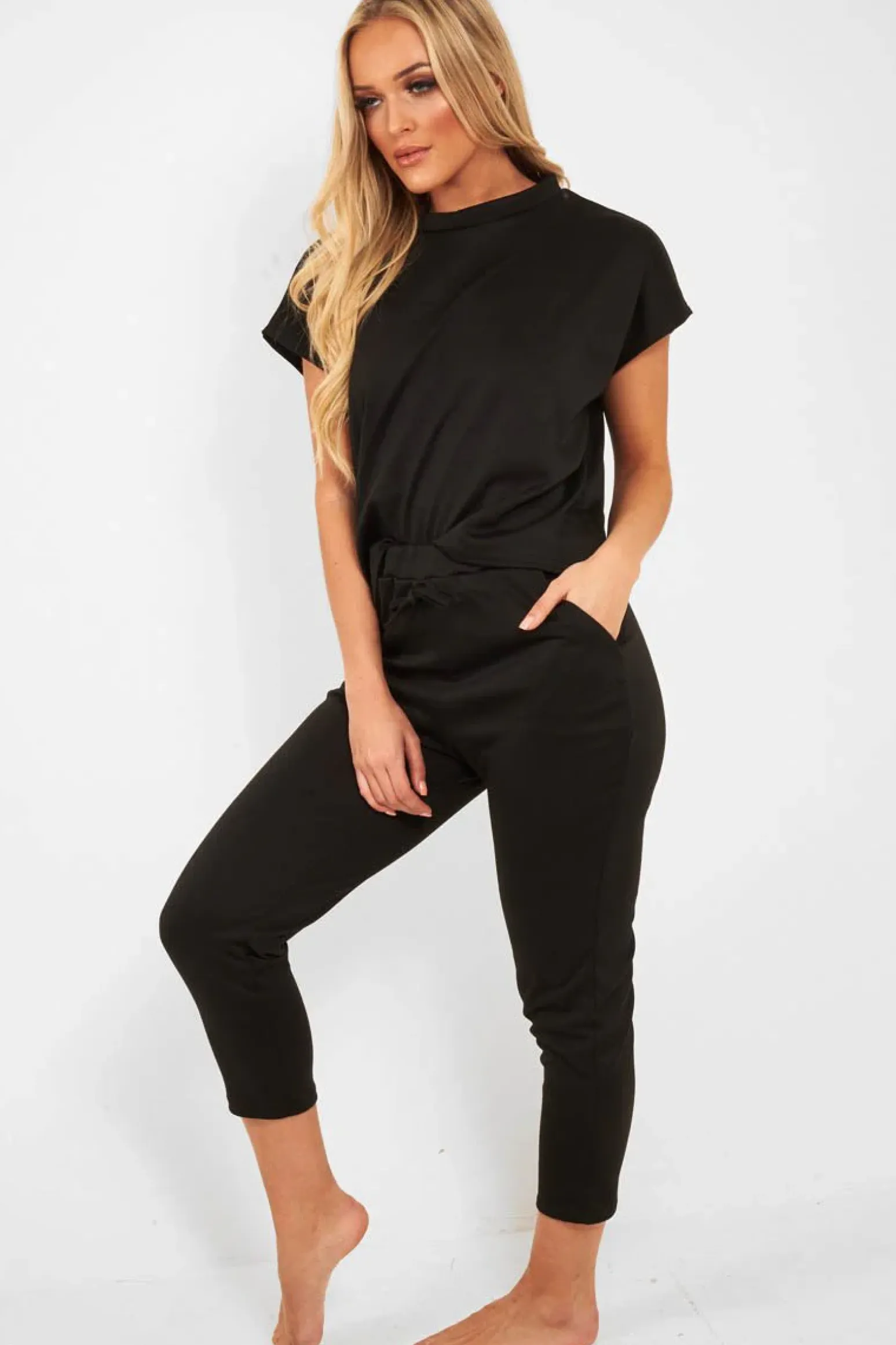 Rebellious Fashion Black Short Sleeve Crop Jogger Loungewear Set - Aarian