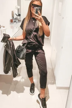 Rebellious Fashion Black Short Sleeve Crop Jogger Loungewear Set - Aarian