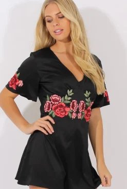 Rebellious Fashion Black Short Sleeved Embroidered Playsuit - Carmen