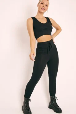 Rebellious Fashion Black Short Sleeve Hooded Crop Top and Leggings Loungewear Co-ord - Betty