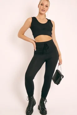 Rebellious Fashion Black Short Sleeve Hooded Crop Top and Leggings Loungewear Co-ord - Betty