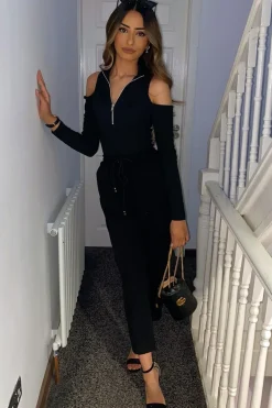 Rebellious Fashion Black Shoulder Cut Out Zip Bodysuit - Celine