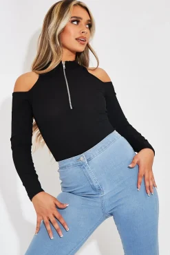 Rebellious Fashion Black Shoulder Cut Out Zip Bodysuit - Celine