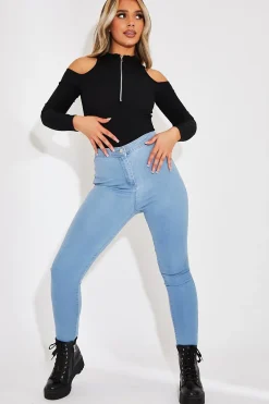 Rebellious Fashion Black Shoulder Cut Out Zip Bodysuit - Celine