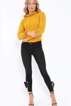 Rebellious Fashion Black Side Bow Skinny Jeans - Emilia