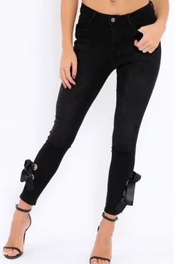 Rebellious Fashion Black Side Bow Skinny Jeans - Emilia
