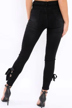 Rebellious Fashion Black Side Bow Skinny Jeans - Emilia