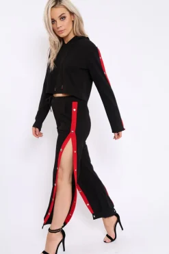 Rebellious Fashion Black Side Popper Red Stripes Loungewear Set - Cadence
