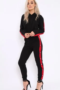 Rebellious Fashion Black Side Popper Red Stripes Loungewear Set - Cadence