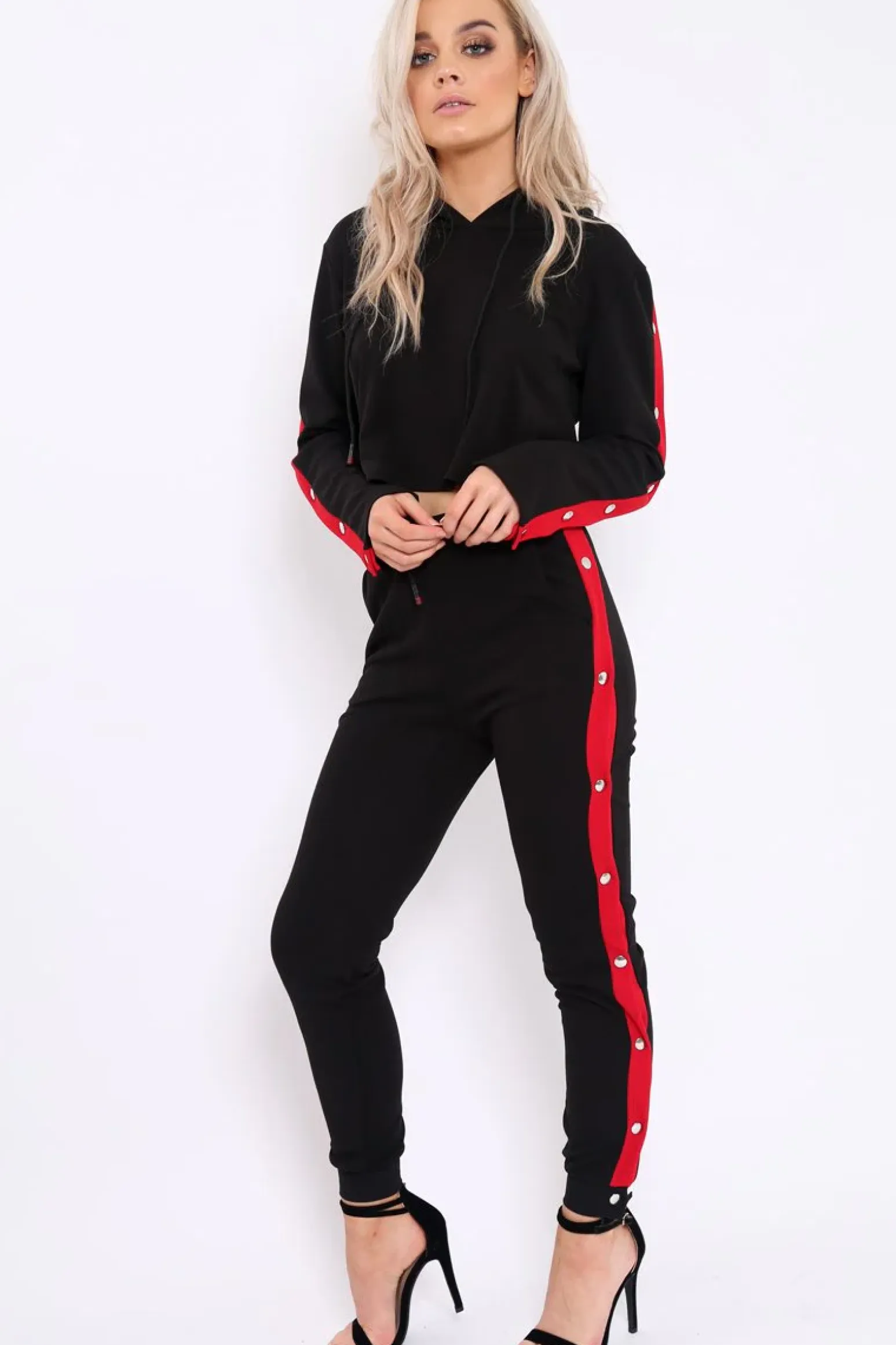 Rebellious Fashion Black Side Popper Red Stripes Loungewear Set - Cadence