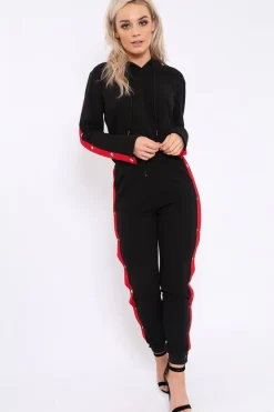 Rebellious Fashion Black Side Popper Red Stripes Loungewear Set - Cadence
