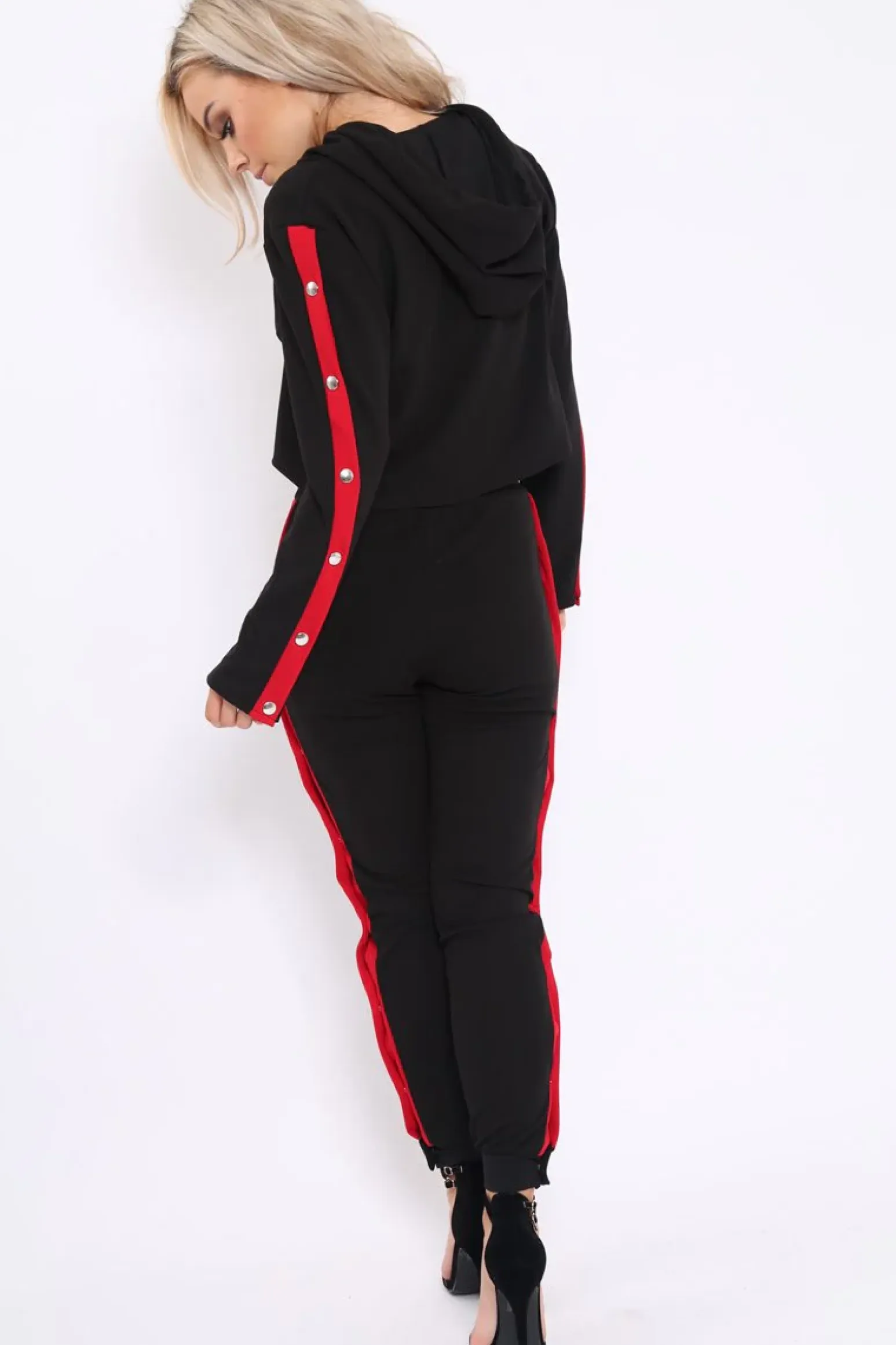 Rebellious Fashion Black Side Popper Red Stripes Loungewear Set - Cadence
