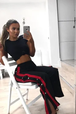 Rebellious Fashion Black Side Popper Red Stripe Trousers - Sady