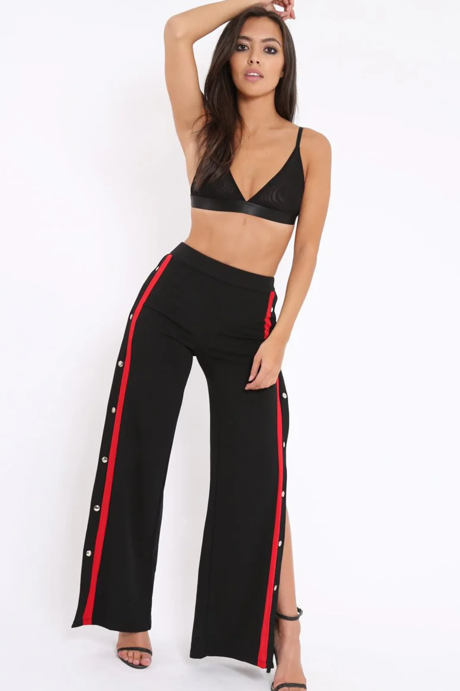 Rebellious Fashion Black Side Popper Red Stripe Trousers - Sady