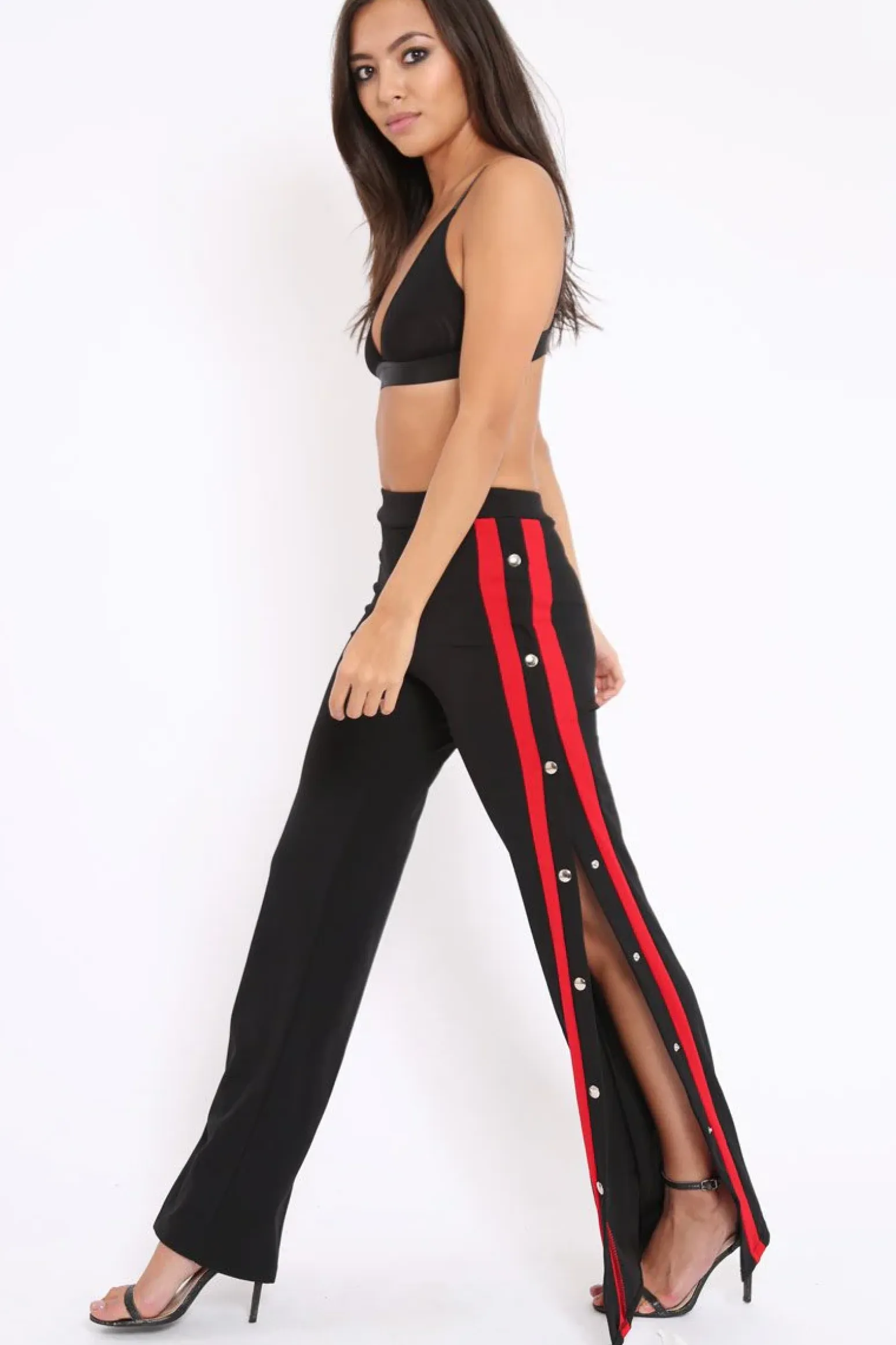 Rebellious Fashion Black Side Popper Red Stripe Trousers - Sady