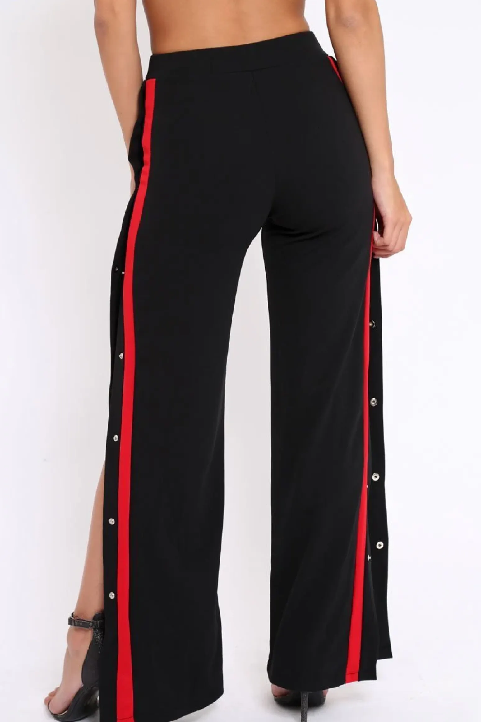 Rebellious Fashion Black Side Popper Red Stripe Trousers - Sady