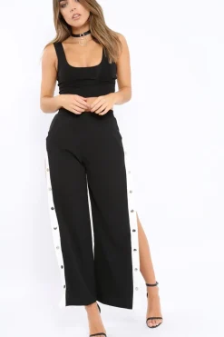 Rebellious Fashion Black Side Popper White Stripe Trousers - Nazneen