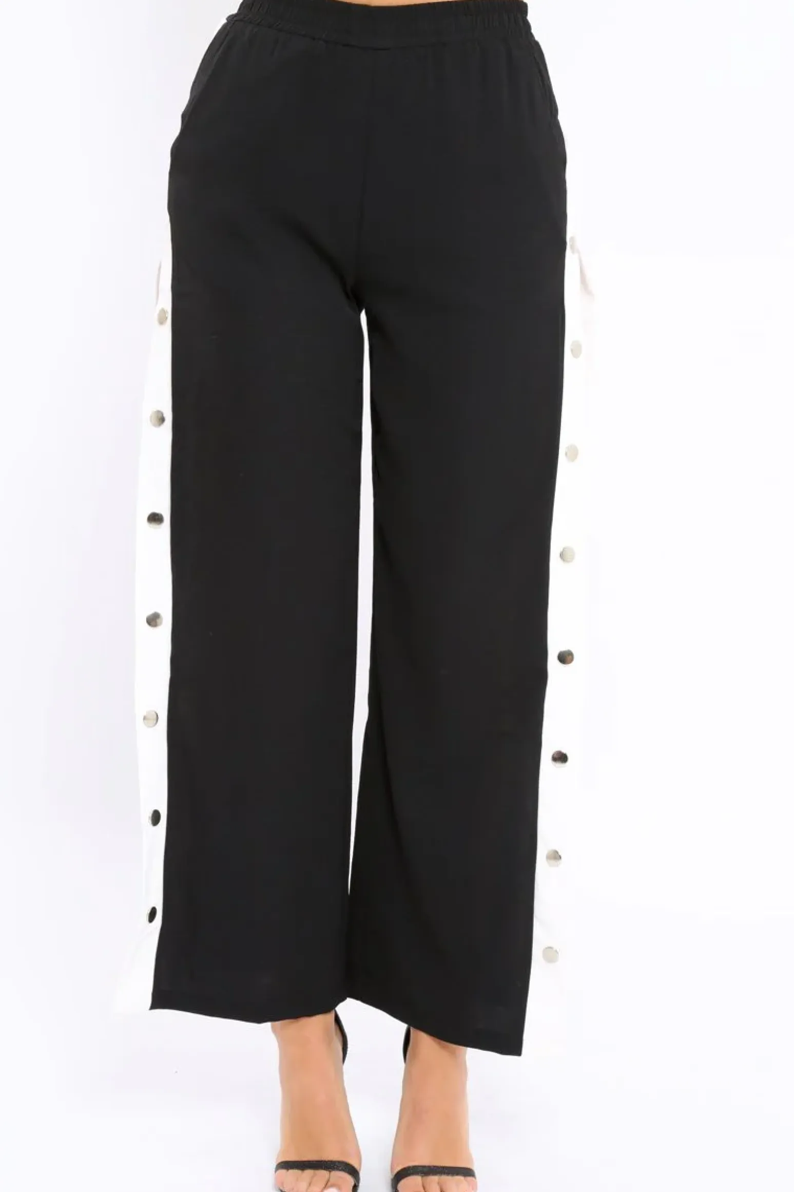 Rebellious Fashion Black Side Popper White Stripe Trousers - Nazneen