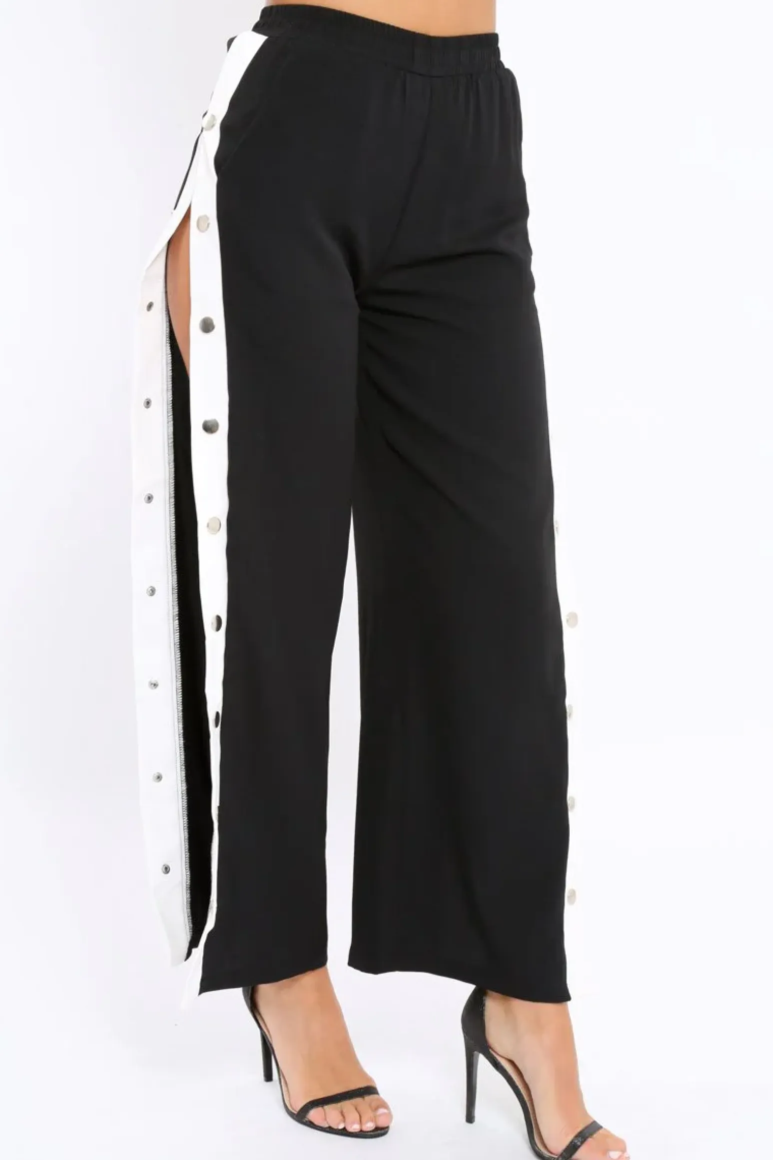 Rebellious Fashion Black Side Popper White Stripe Trousers - Nazneen