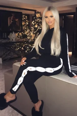 Rebellious Fashion Black Side Popper White Stripes Loungewear Set - Cadence