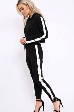 Rebellious Fashion Black Side Popper White Stripes Loungewear Set - Cadence