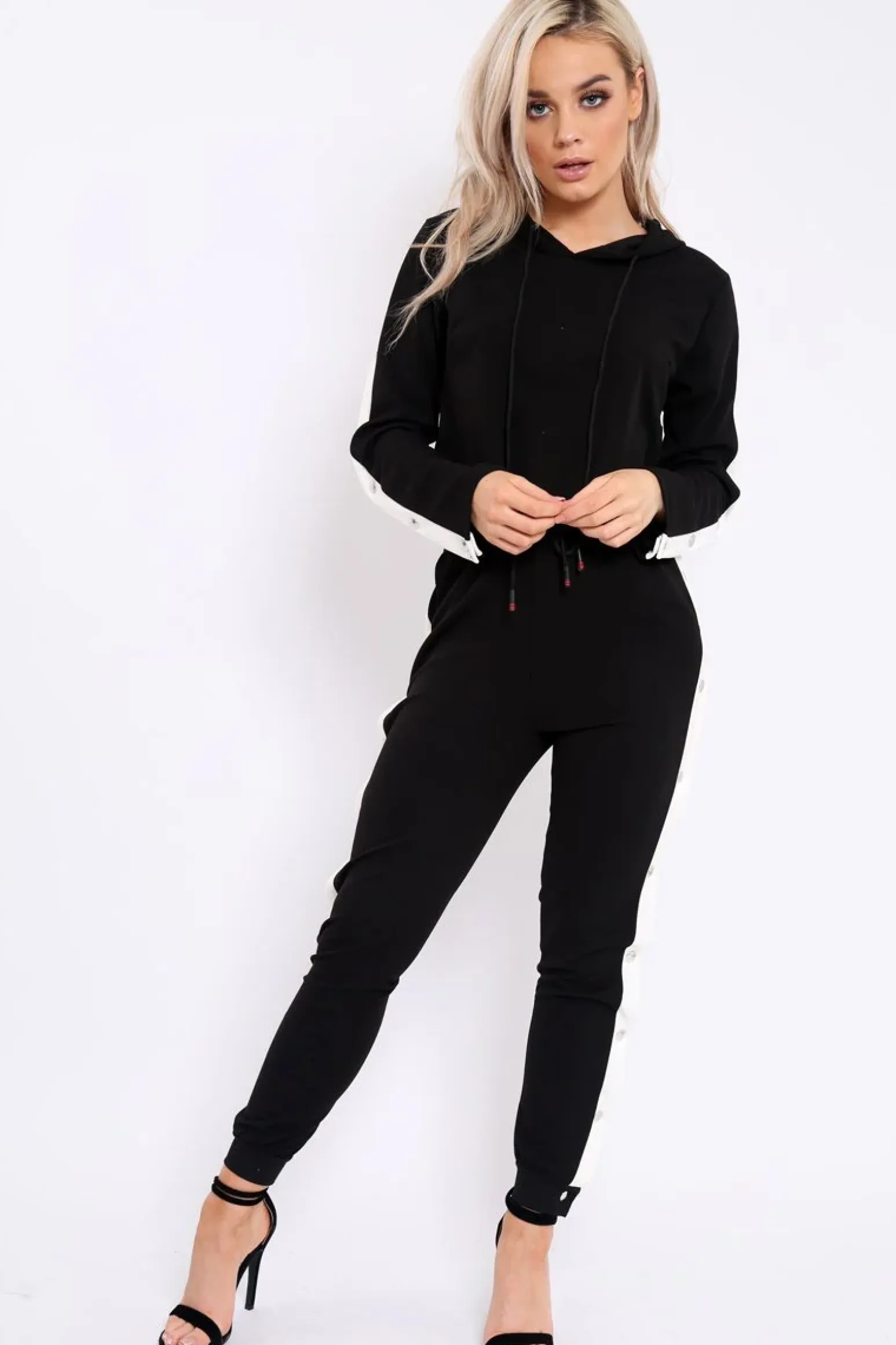 Rebellious Fashion Black Side Popper White Stripes Loungewear Set - Cadence