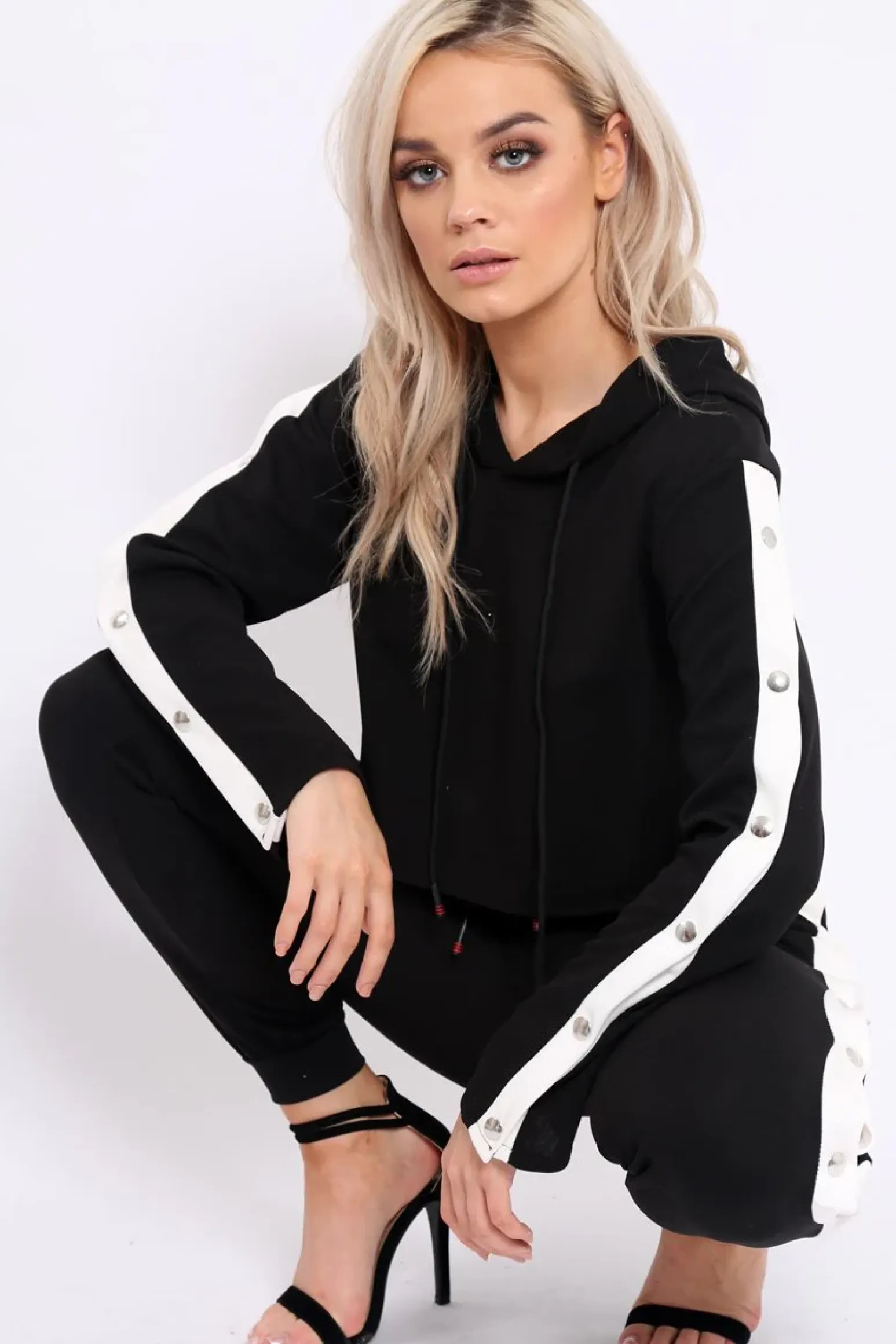 Rebellious Fashion Black Side Popper White Stripes Loungewear Set - Cadence