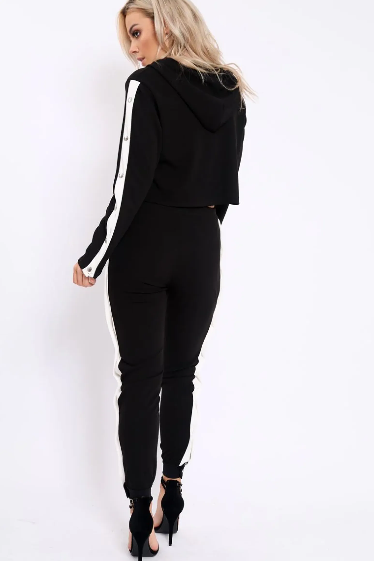 Rebellious Fashion Black Side Popper White Stripes Loungewear Set - Cadence