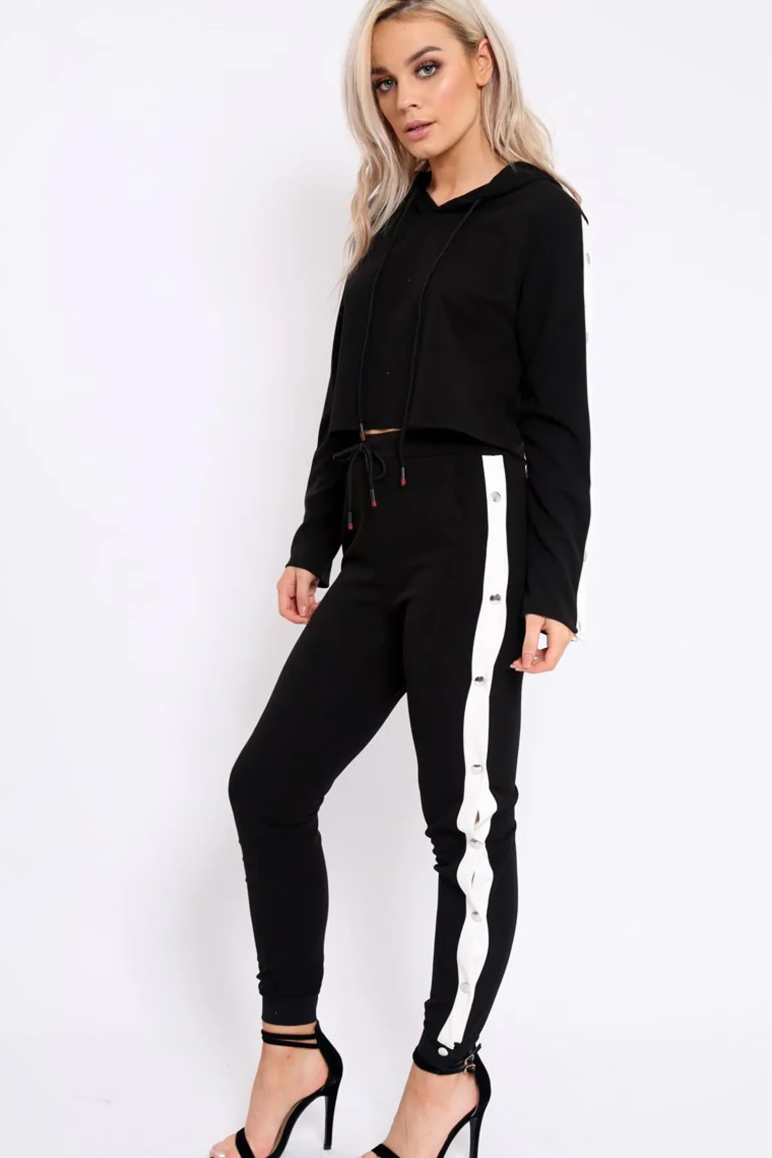 Rebellious Fashion Black Side Popper White Stripes Loungewear Set - Cadence