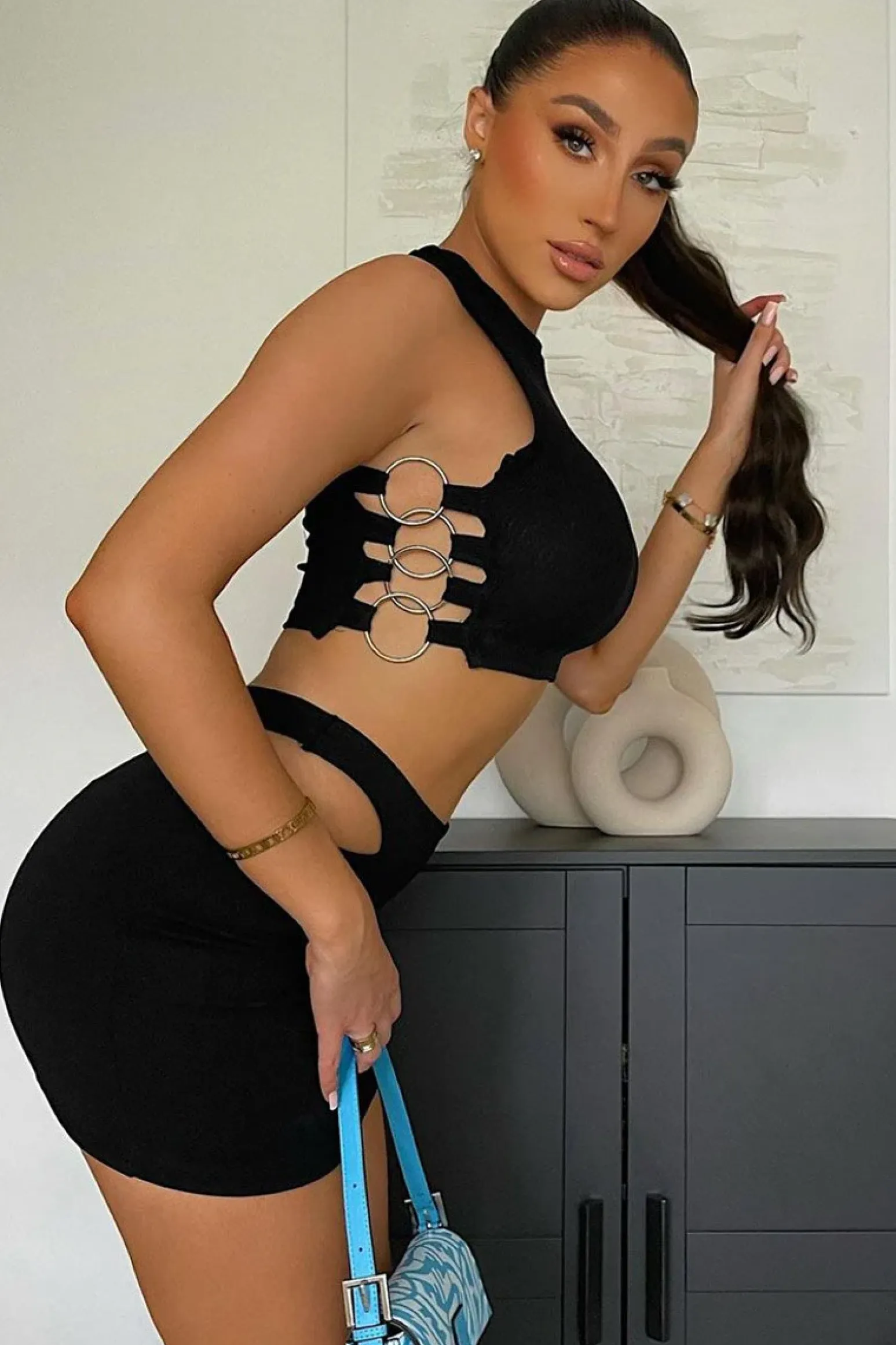 Rebellious Fashion Black Side Ring Detail Ribbed Crop Top - Marisella