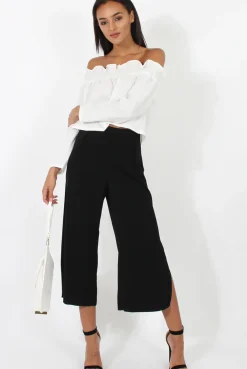 Rebellious Fashion Black Side Slit Culottes - Odette