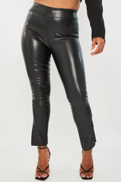 Rebellious Fashion Black Side Split PU Trouser - Elouise