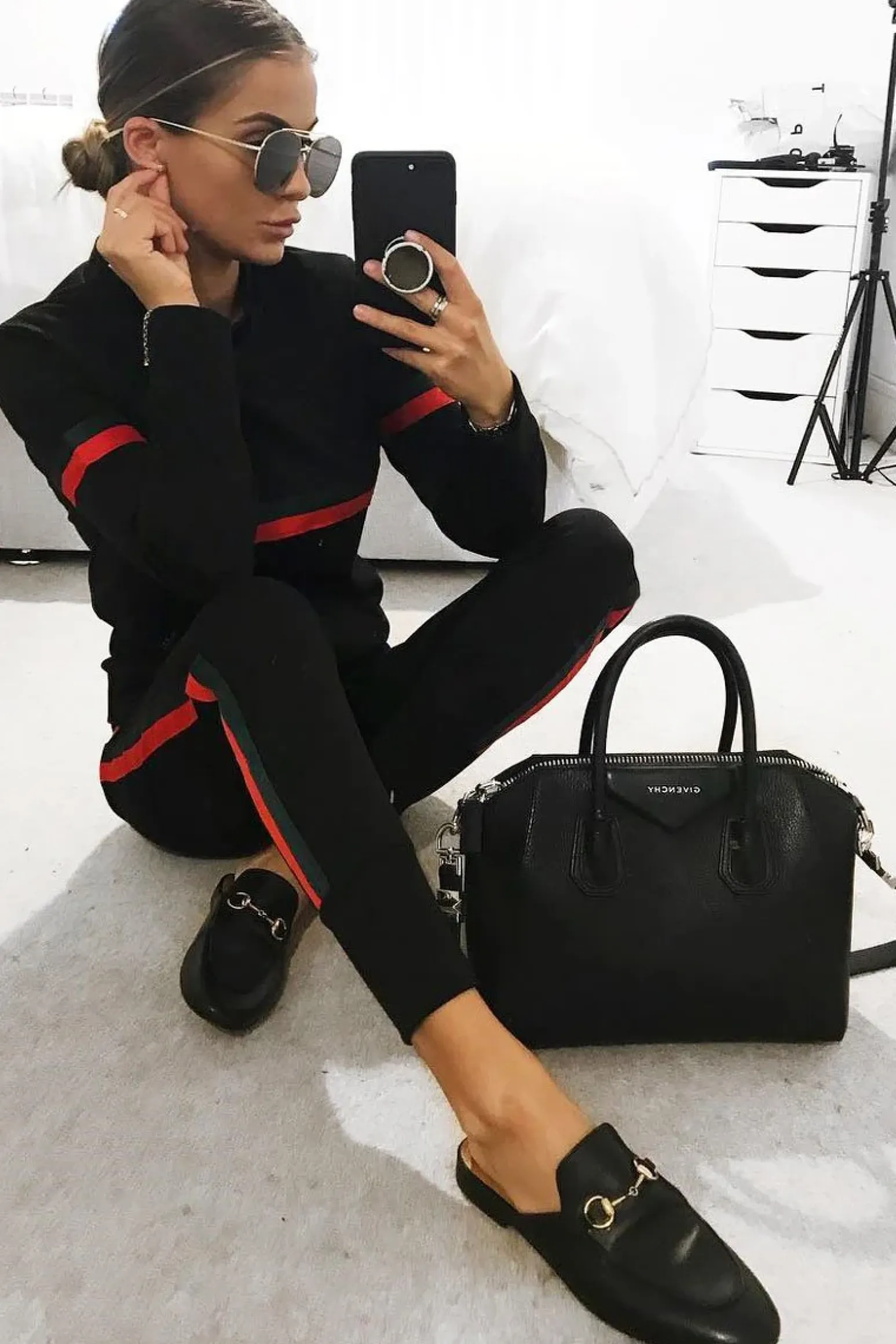 Rebellious Fashion Black Side Stripe Crew Neck Loungewear Set - Danyela