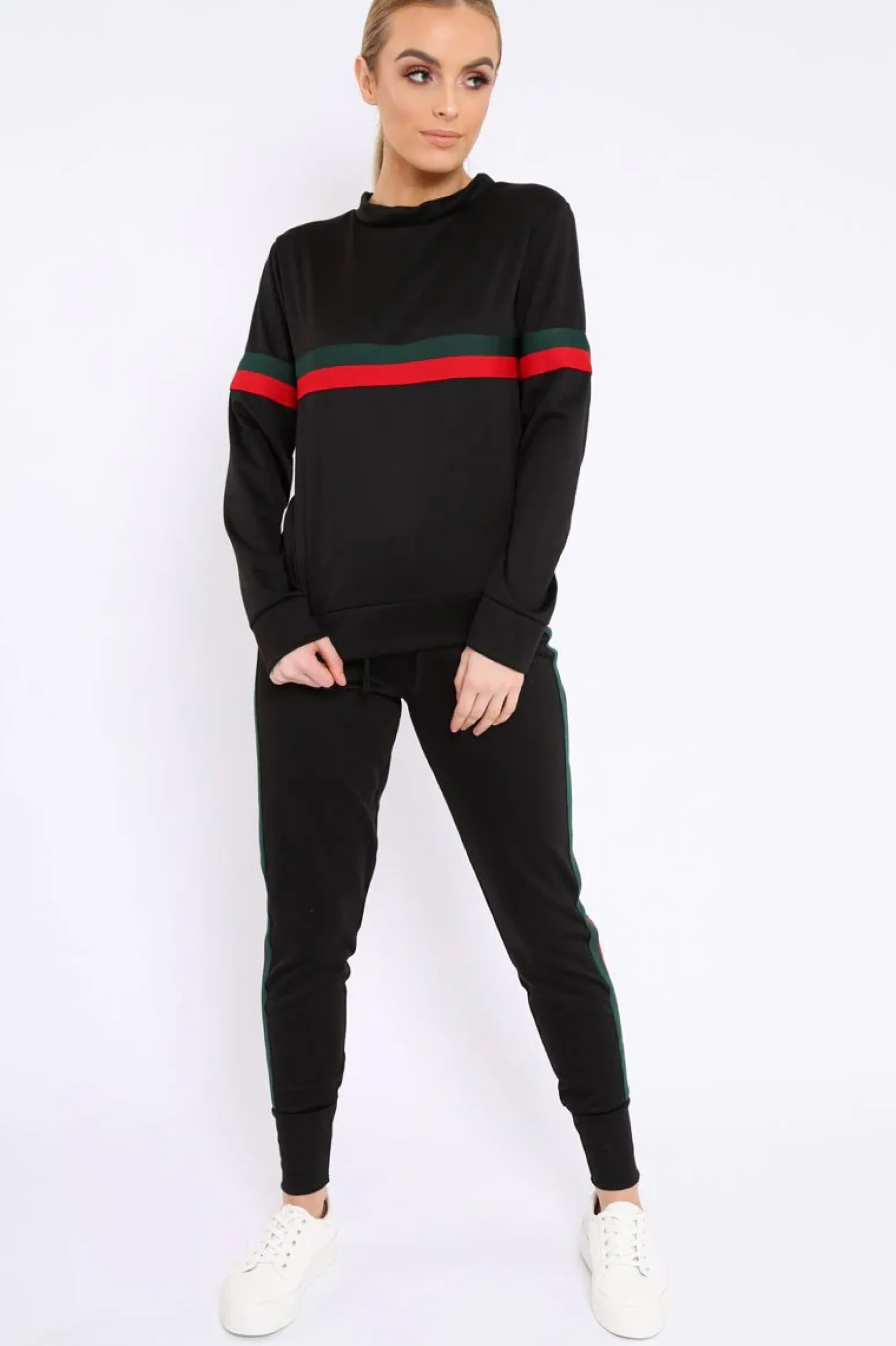 Rebellious Fashion Black Side Stripe Crew Neck Loungewear Set - Danyela