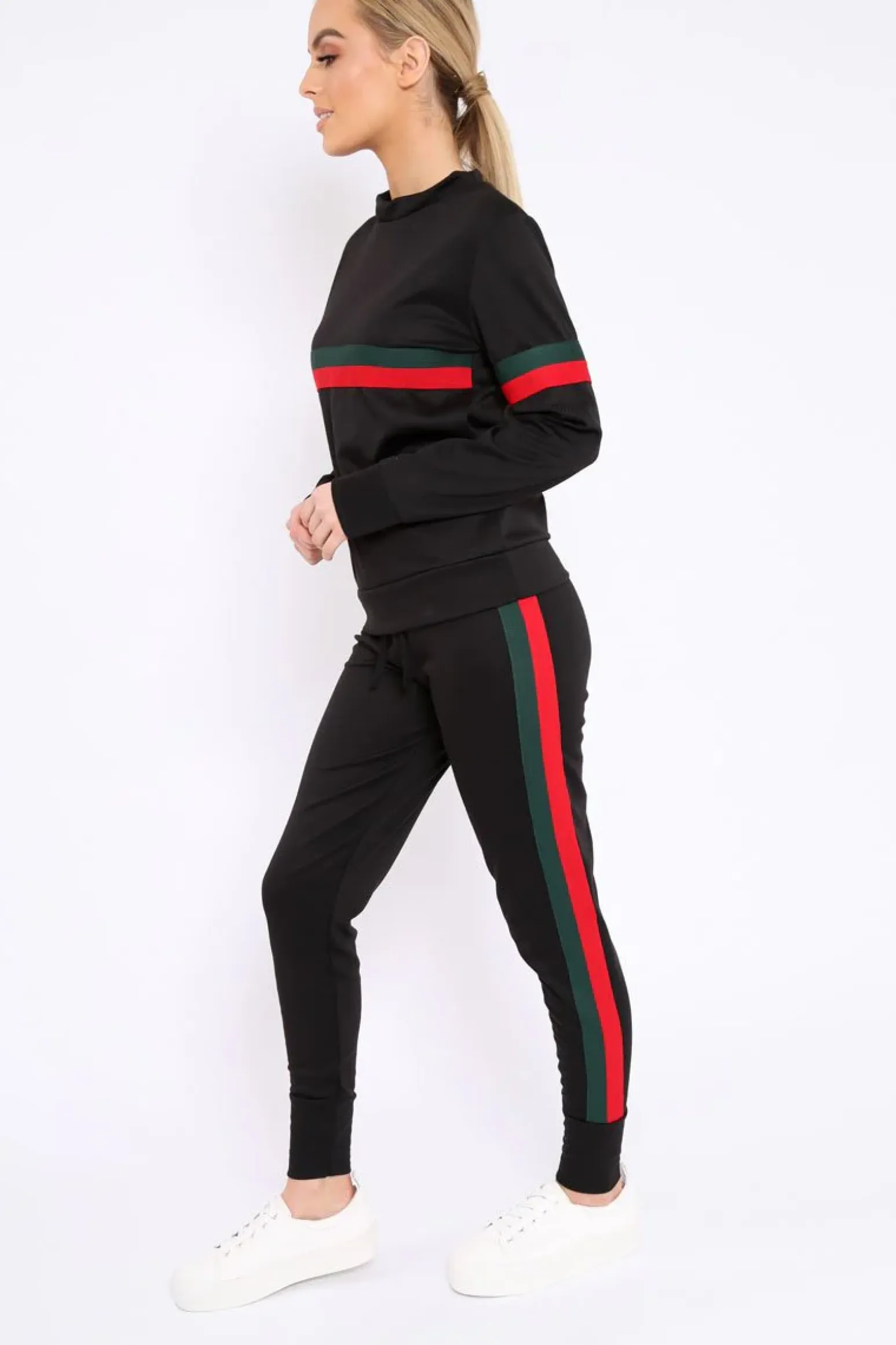 Rebellious Fashion Black Side Stripe Crew Neck Loungewear Set - Danyela